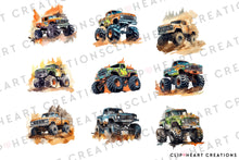 Load image into Gallery viewer, Monster Truck Watercolor Clipart Set
