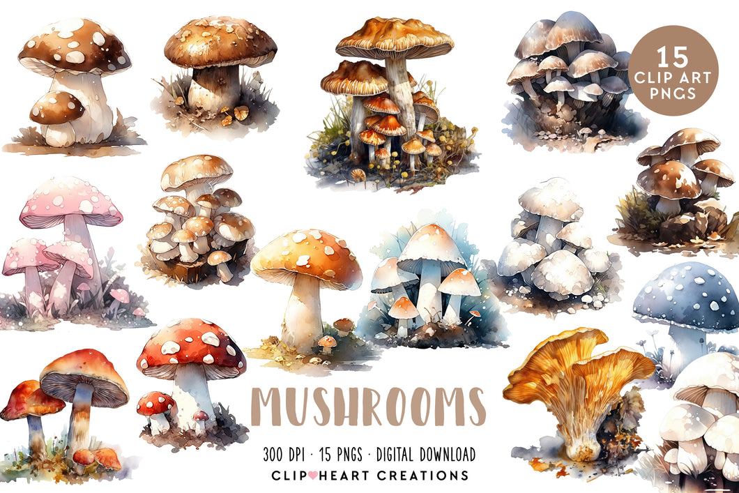 Mushroom Watercolor Clipart Set