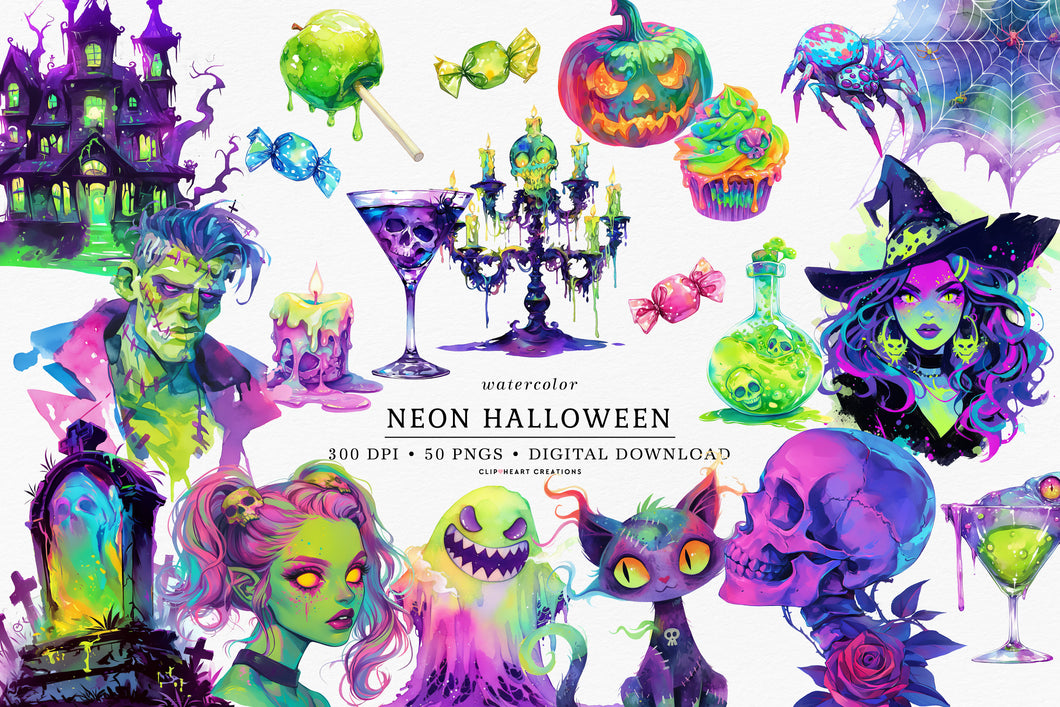 Watercolor Neon Halloween Clip Art