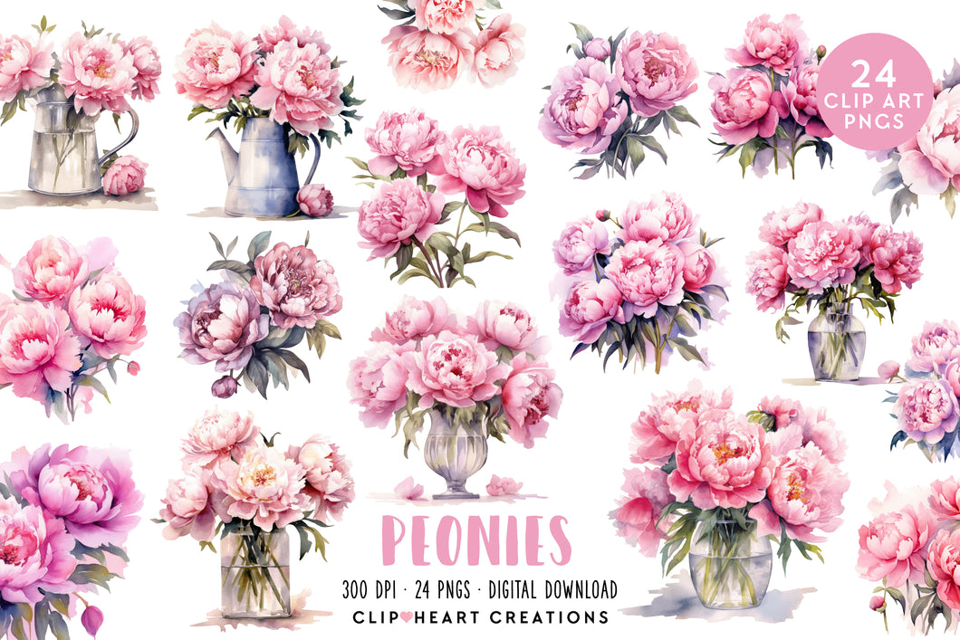 Peonies Watercolor Clipart Set