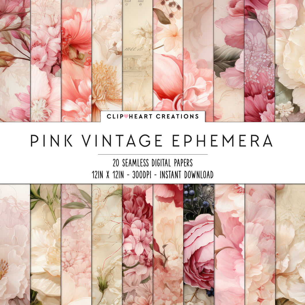 Pink Floral Ephemera Seamless Digital Papers