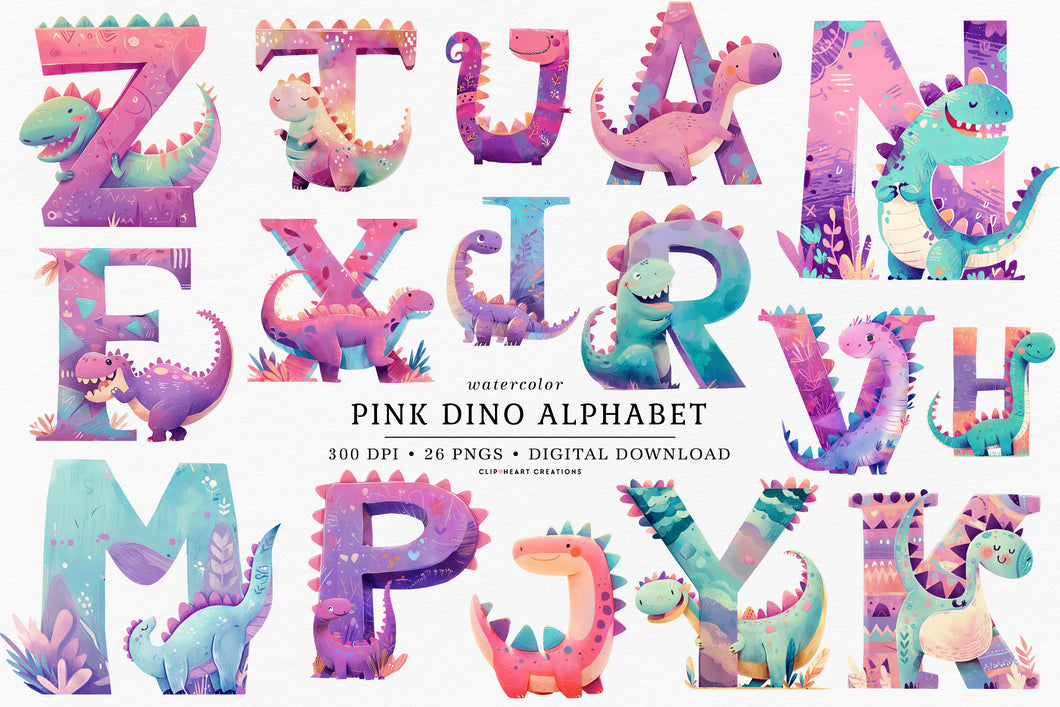 Watercolor Pink Dinosaur Alphabet Clipart