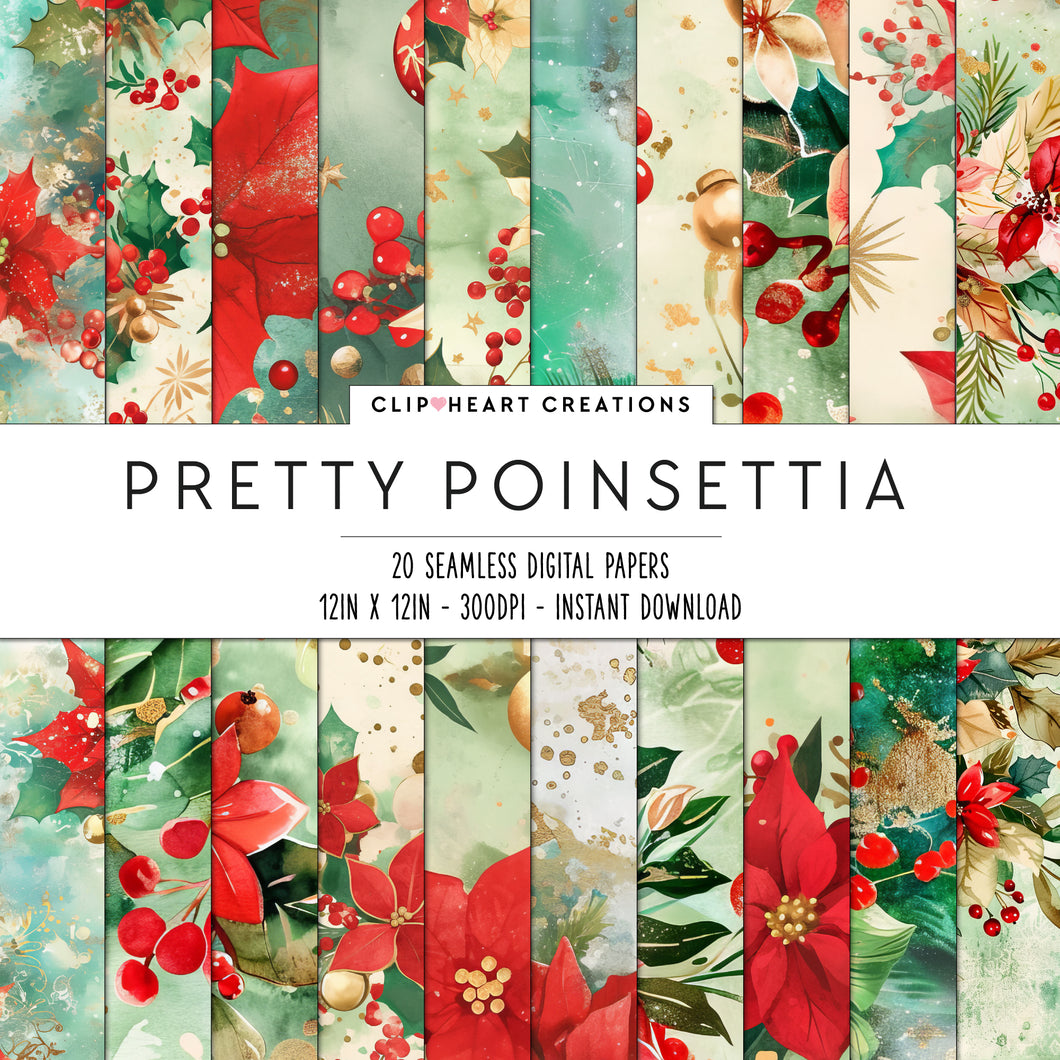 Watercolor Pretty Poinsettia Seamless Digital Papers