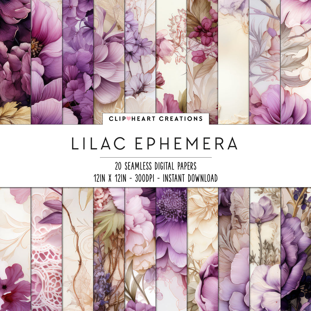 Lilac Floral Ephemera Seamless Digital Papers