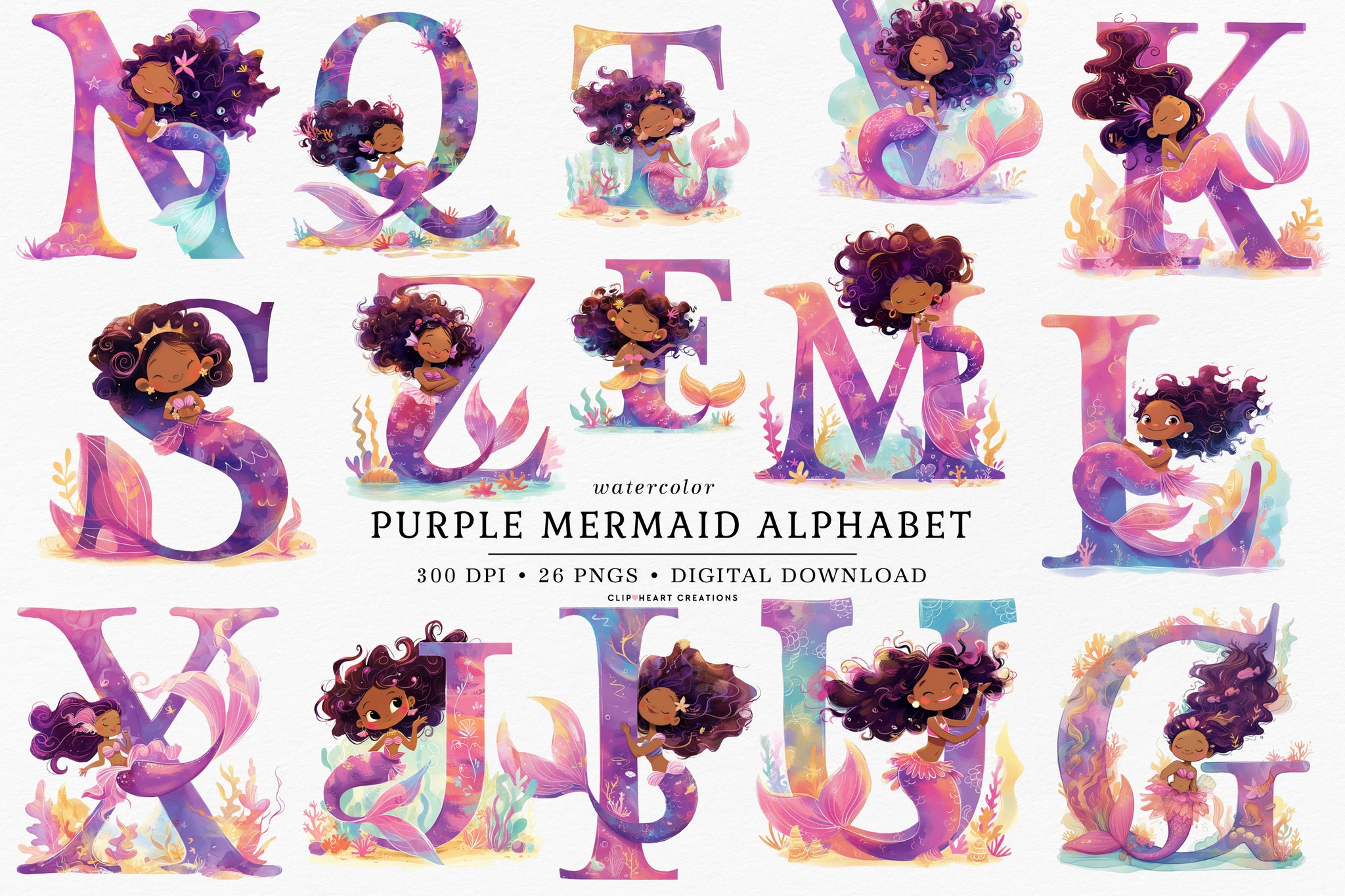 Watercolor Purple Mermaid Alphabet Clipart – clipheart creations