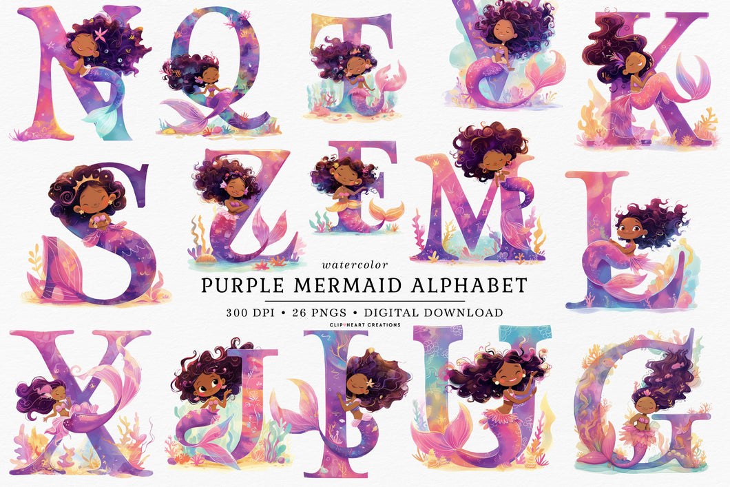 Watercolor Purple Mermaid Alphabet Clipart