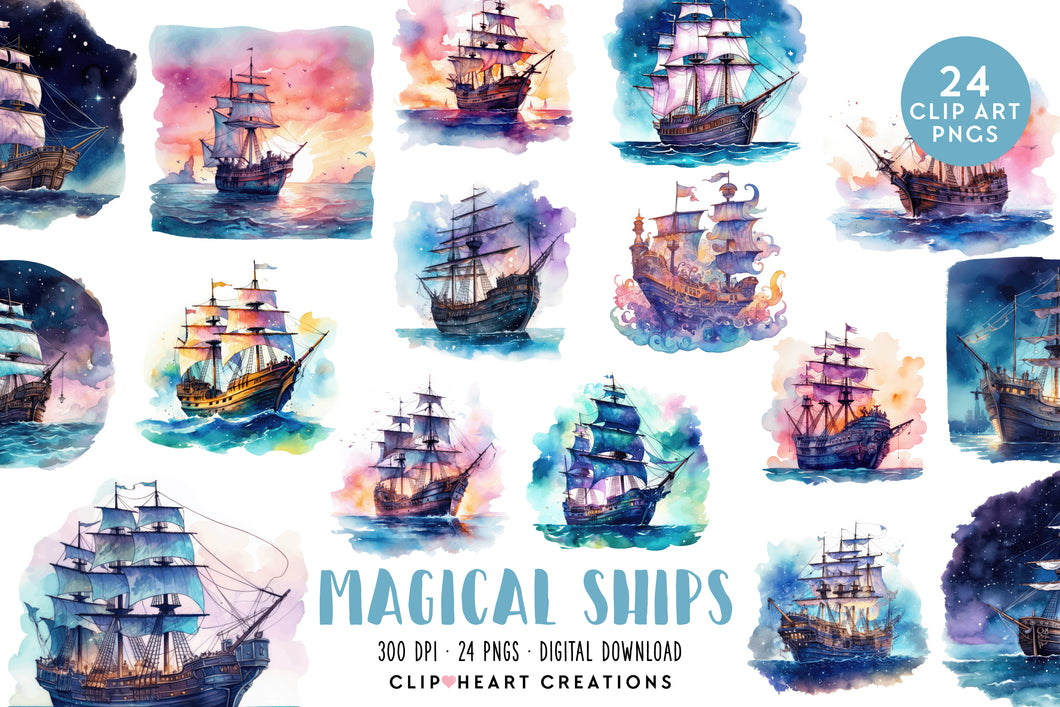 Magical Ships Watercolor Clipart Set