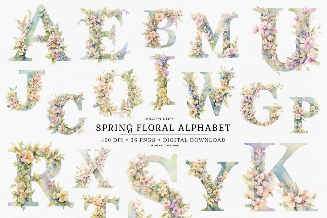 Watercolor Spring Floral Alphabet Clipart