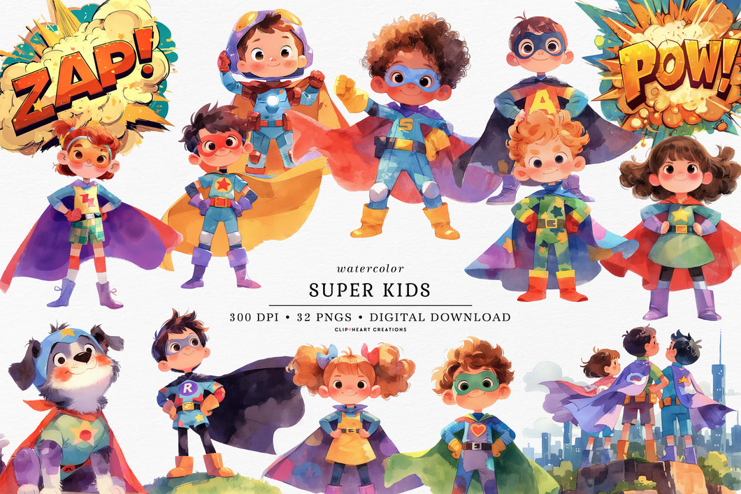 Watercolor Super Kids Clip Art