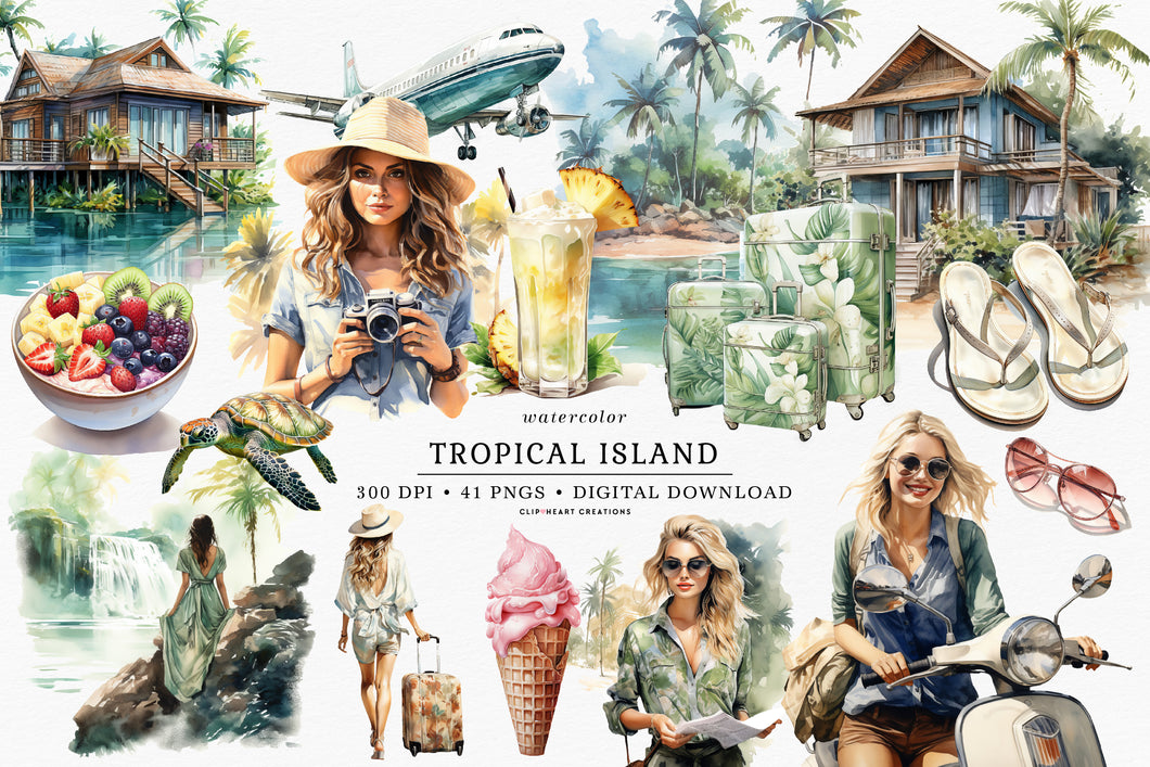 Watercolor Tropical Island Clip Art