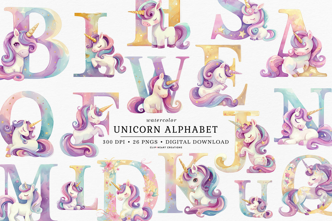 Watercolor Unicorn Alphabet Clipart