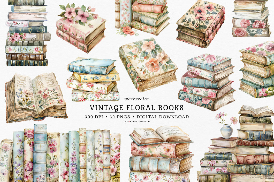Watercolor Vintage Floral Books Clip Art