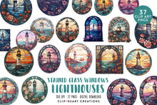 Load image into Gallery viewer, Stained Glass Lighthouses Watercolor Clipart Set
