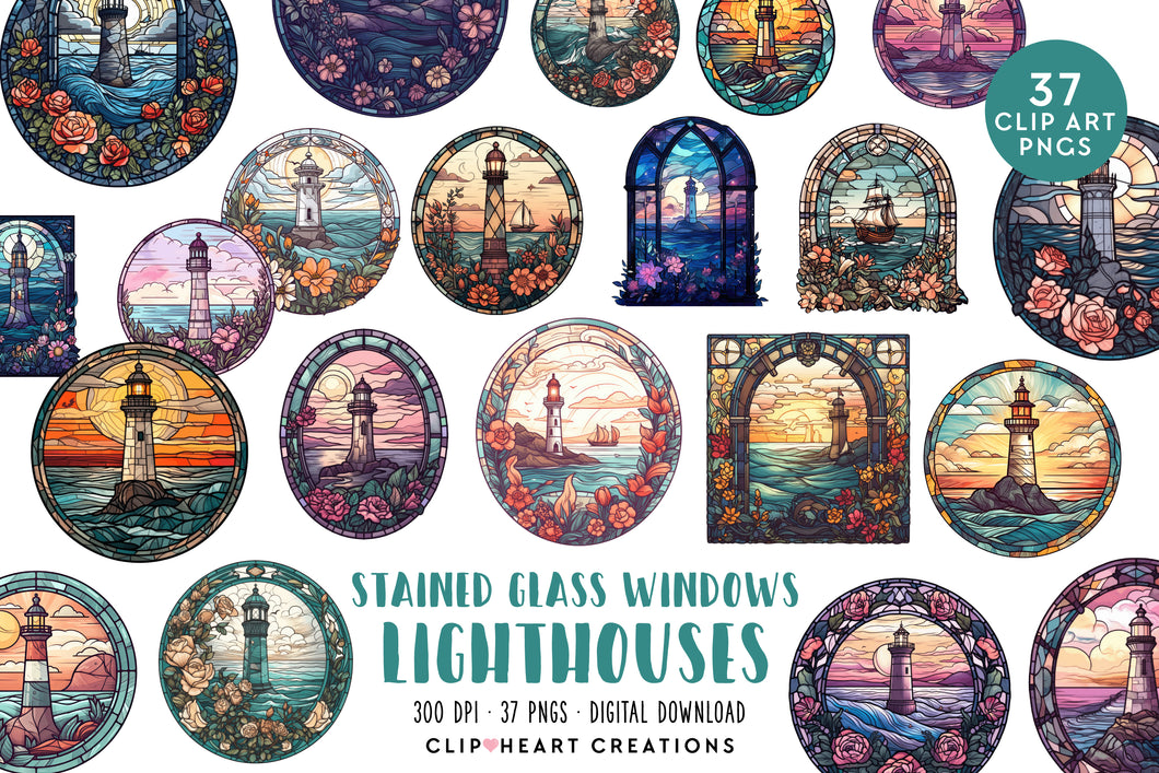 Stained Glass Lighthouses Watercolor Clipart Set