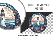 Load image into Gallery viewer, Stained Glass Lighthouses Watercolor Clipart Set
