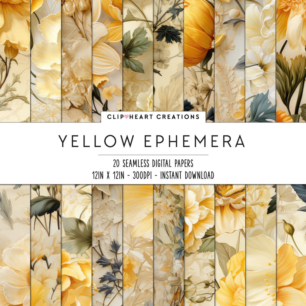 Yellow Floral Ephemera Seamless Digital Papers