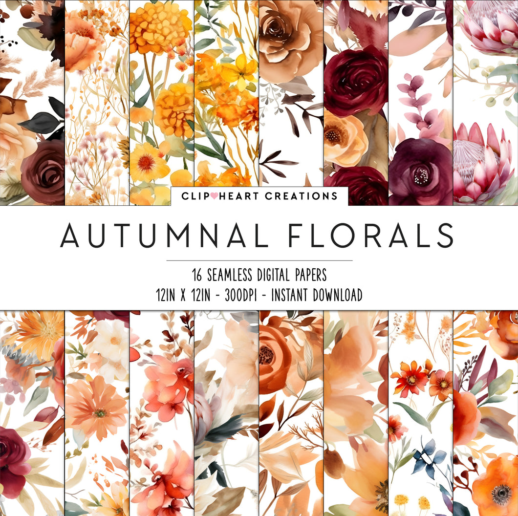 Autumnal Floral Watercolors Seamless Digital Papers