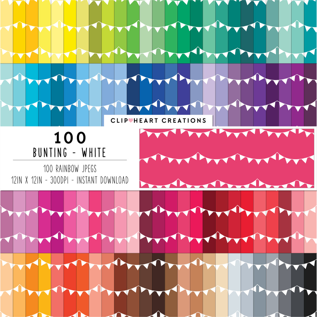 100 Bunting Pattern Digital Papers (White)