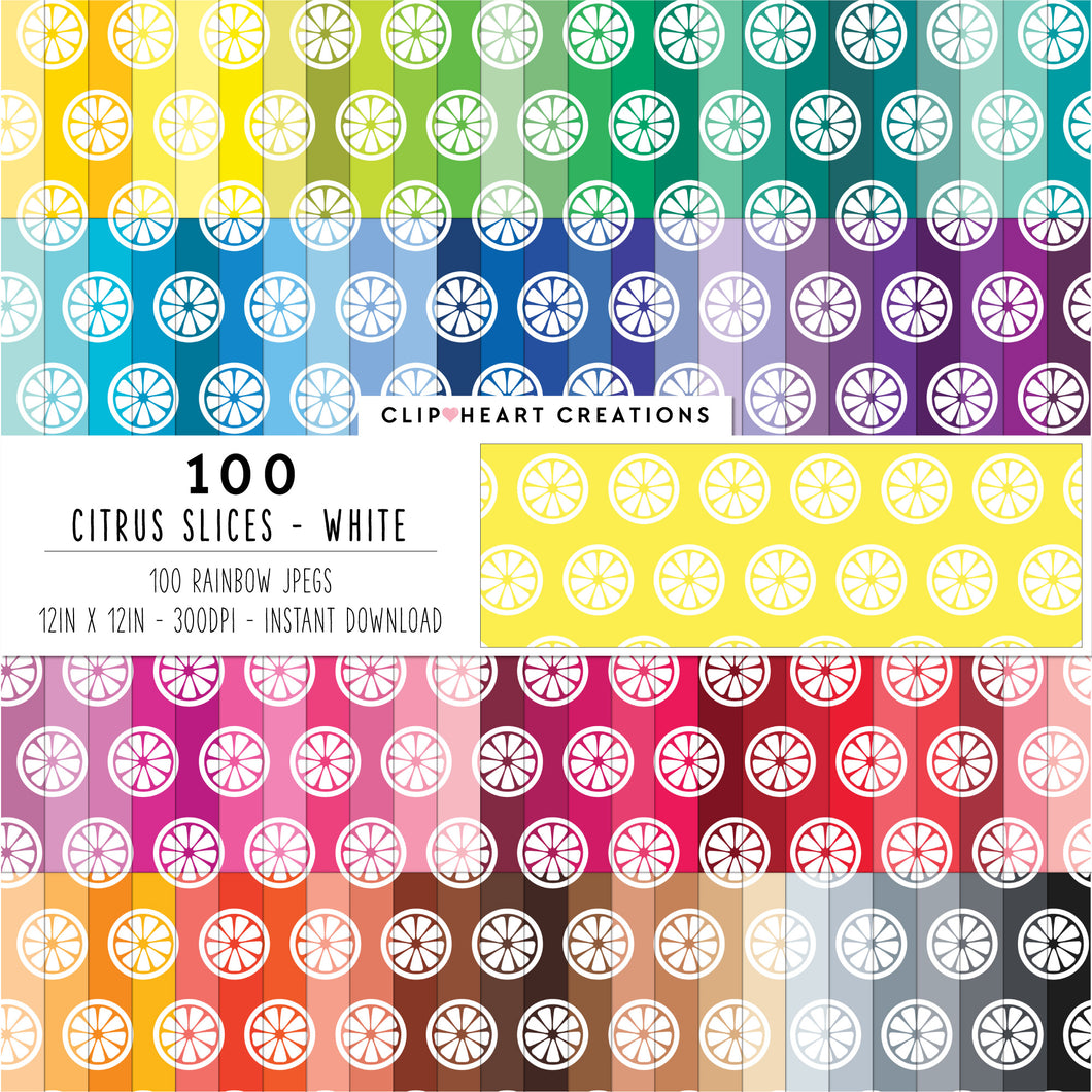 100 Citrus Slices Pattern Digital Papers (White)