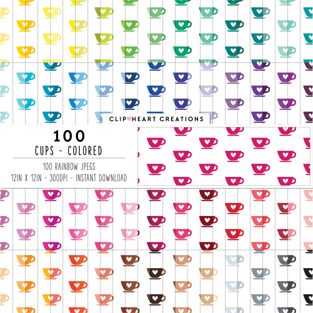 100 Cups Pattern Digital Papers (Color)