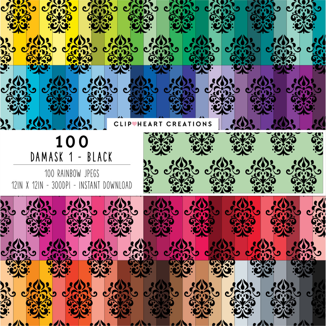 100 Damask Patterns Digital Papers (Black)