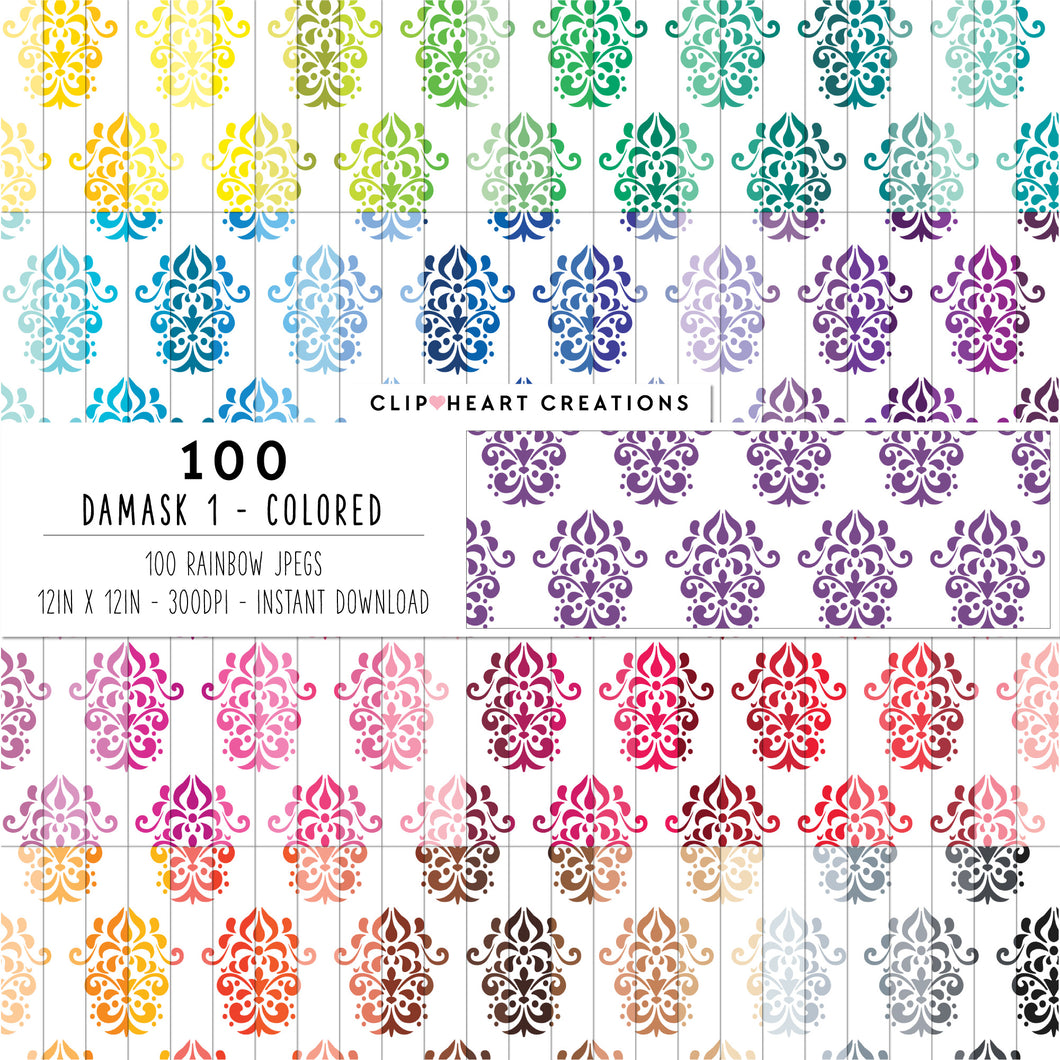 100 Damask Patterns Digital Papers (Color)