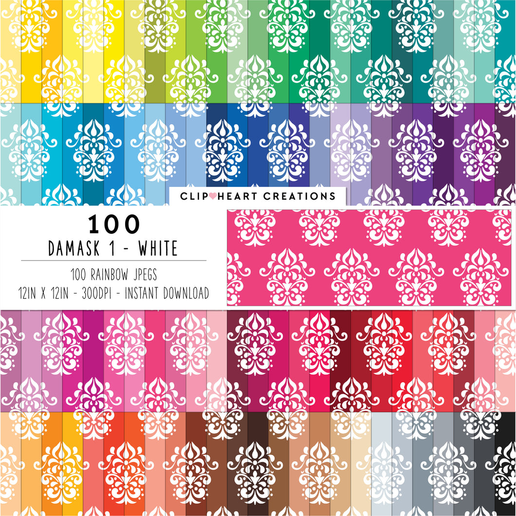 100 Damask Patterns Digital Papers (White)