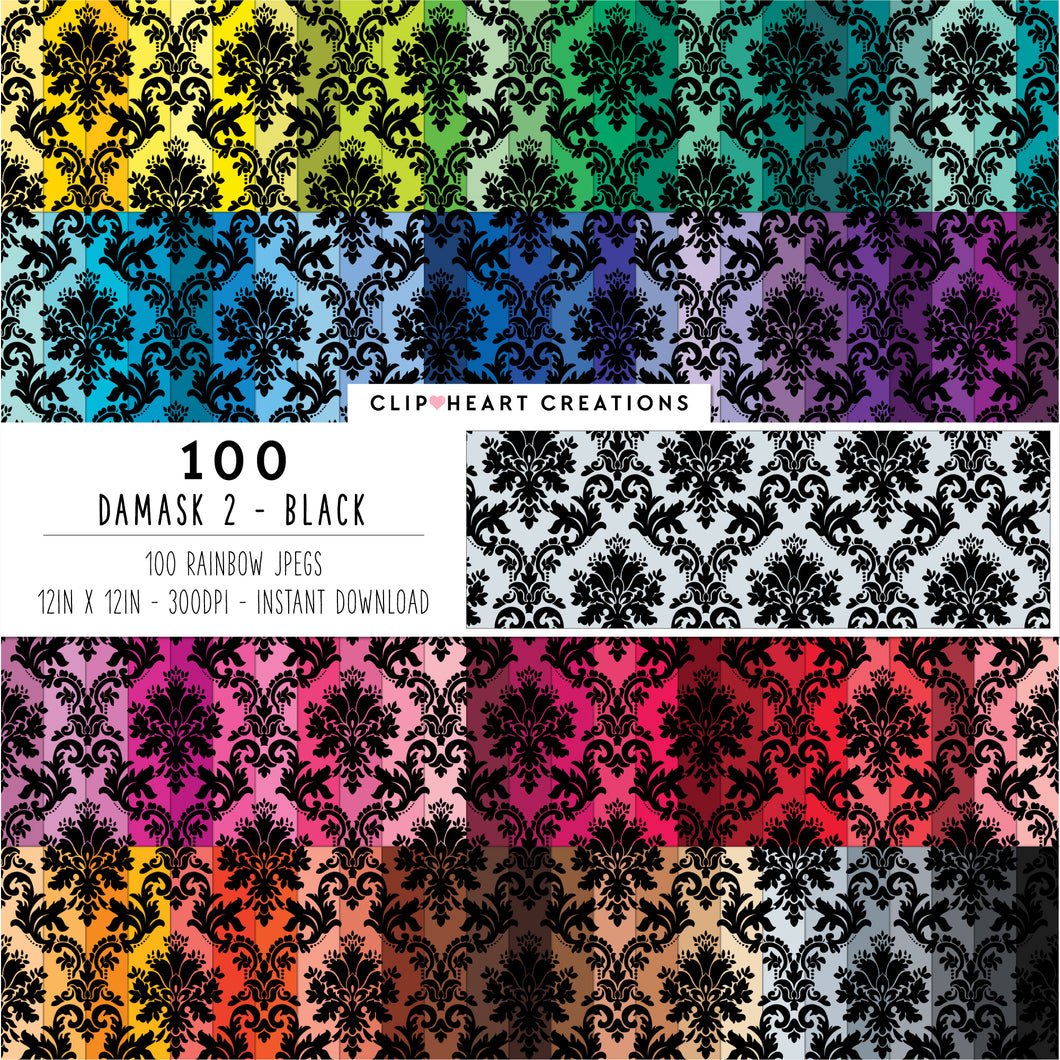 100 Damask Patterns Digital Papers (Black)