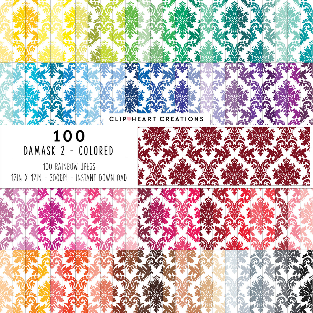 100 Damask Patterns Digital Papers (Color)