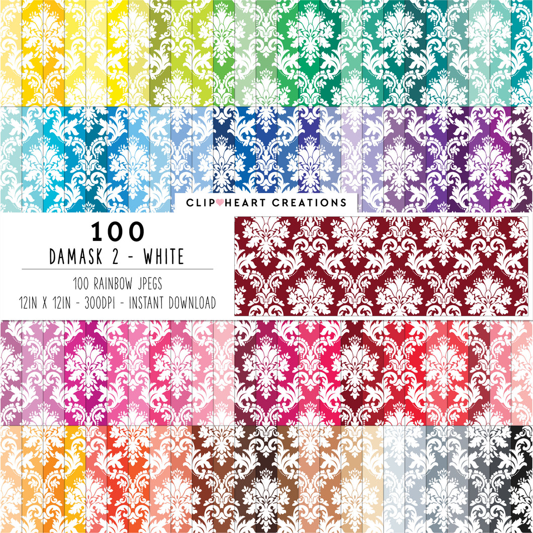 100 Damask Patterns Digital Papers (White)