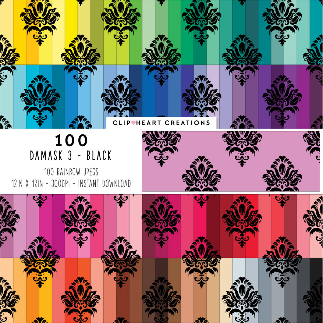 100 Damask Patterns Digital Papers (Black)