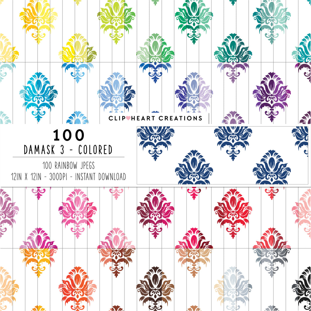 100 Damask Patterns Digital Papers (Color)