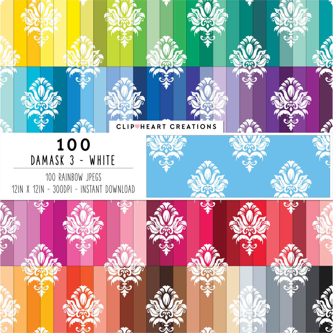 100 Damask Patterns Digital Papers (White)