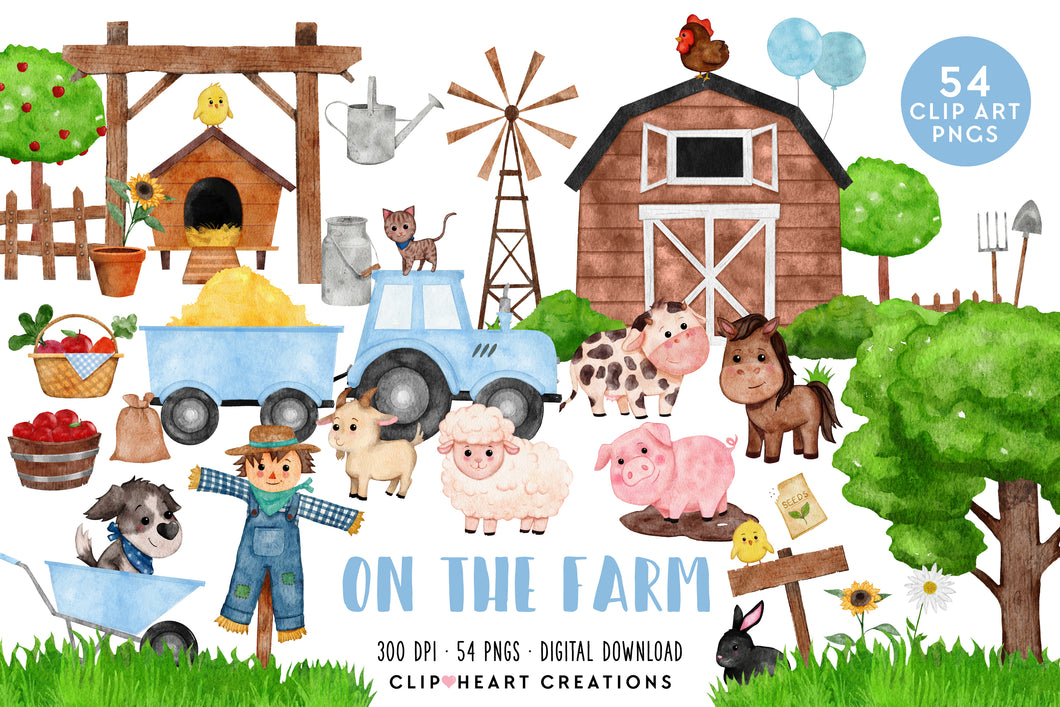 On the Farm Blue Watercolor Clip Art Set