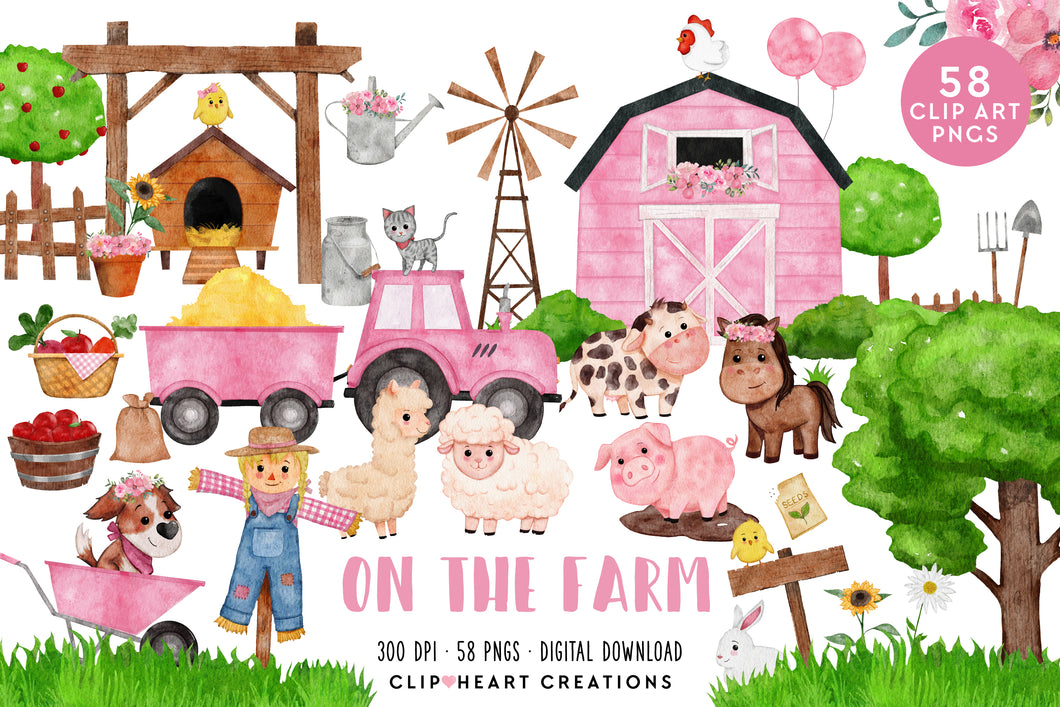 On the Farm Pink Watercolor Clip Art Set