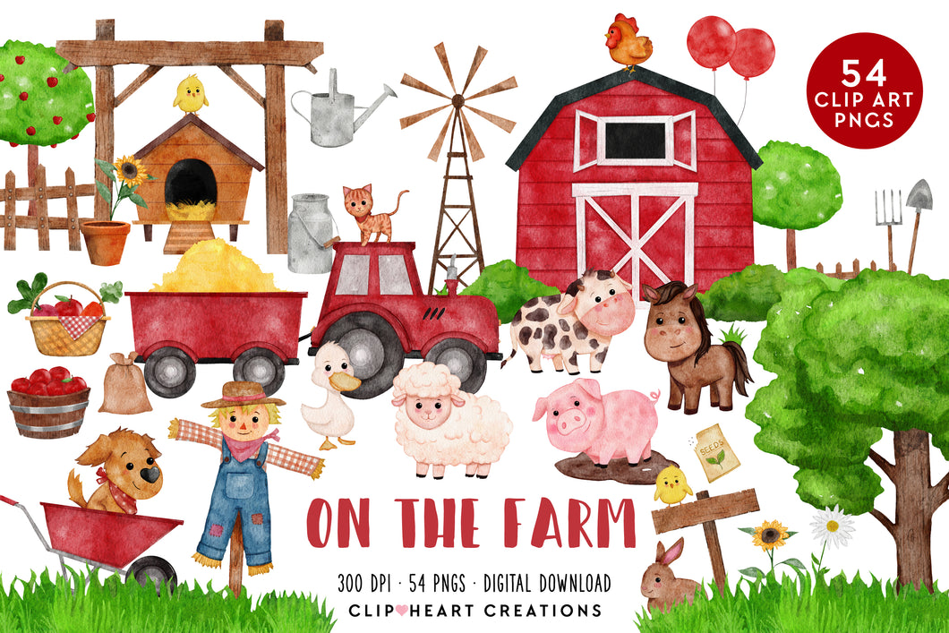 On the Farm Red Watercolor Clip Art Set