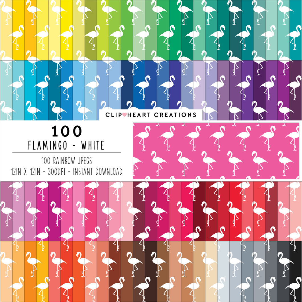 100 Flamingo Pattern Digital Papers (White)