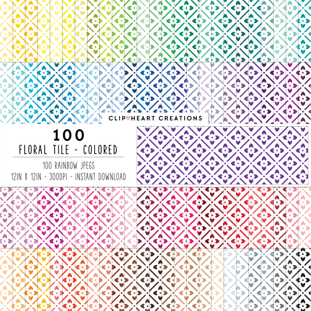 100 Floral Tile Pattern Digital Papers (Color)