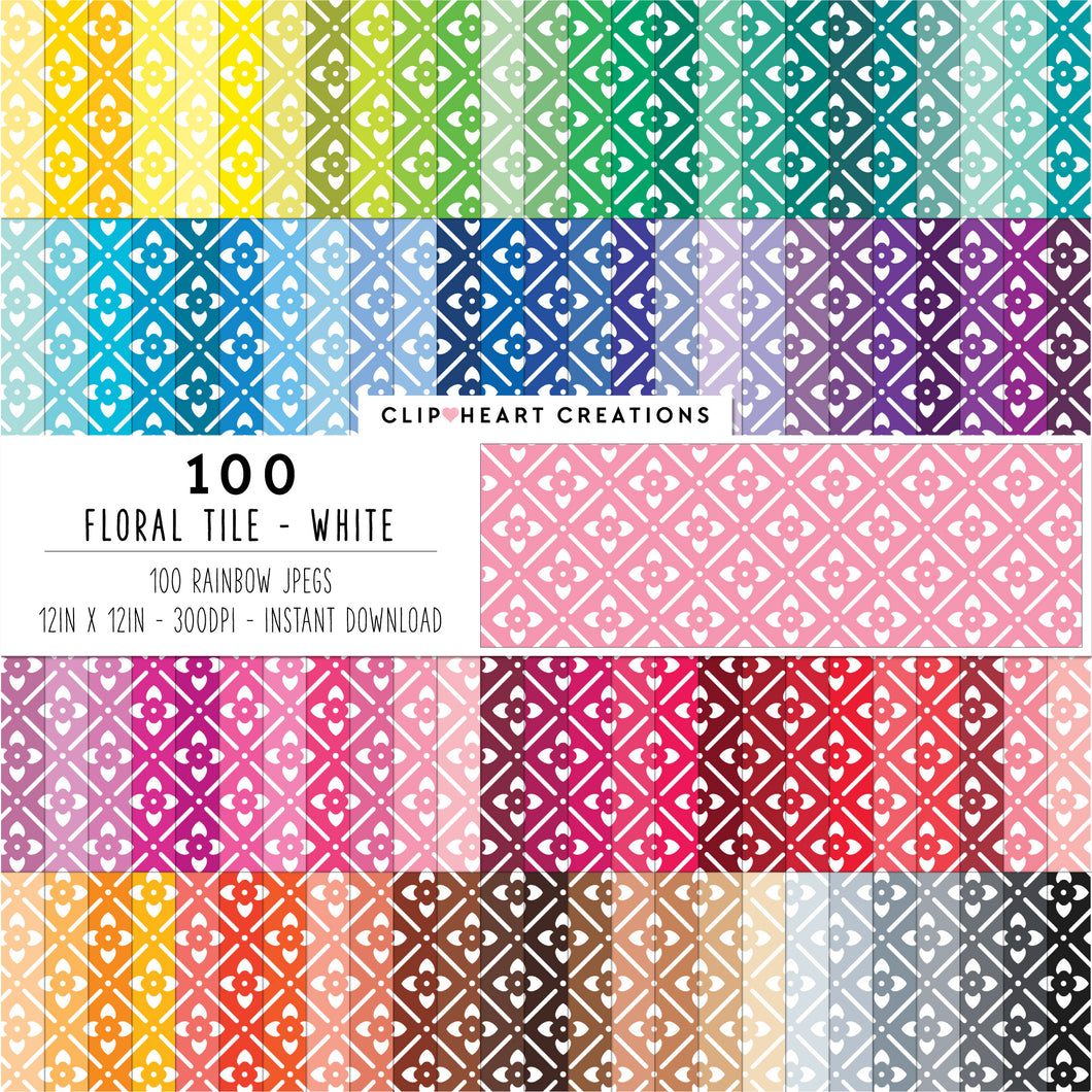 100 Floral Tile Pattern Digital Papers (White)