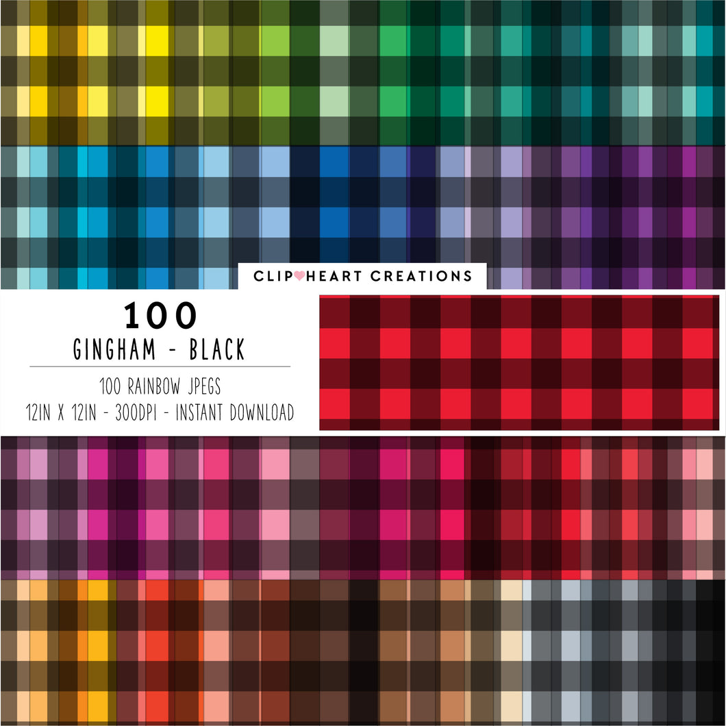 100 Gingham Pattern Digital Papers (Black)