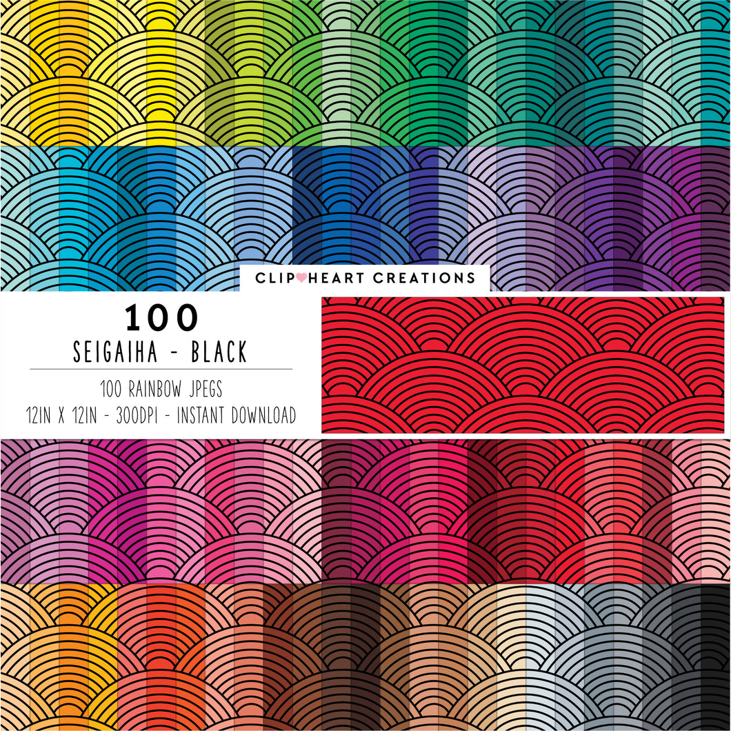 100 Seigaiha Pattern Digital Papers (Black)