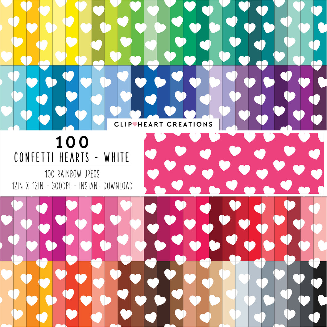 100 Confetti Heart Pattern Digital Papers (White)