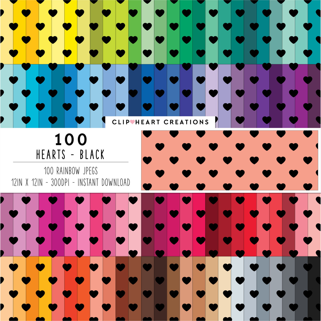 100 Hearts Pattern Digital Papers (Black)