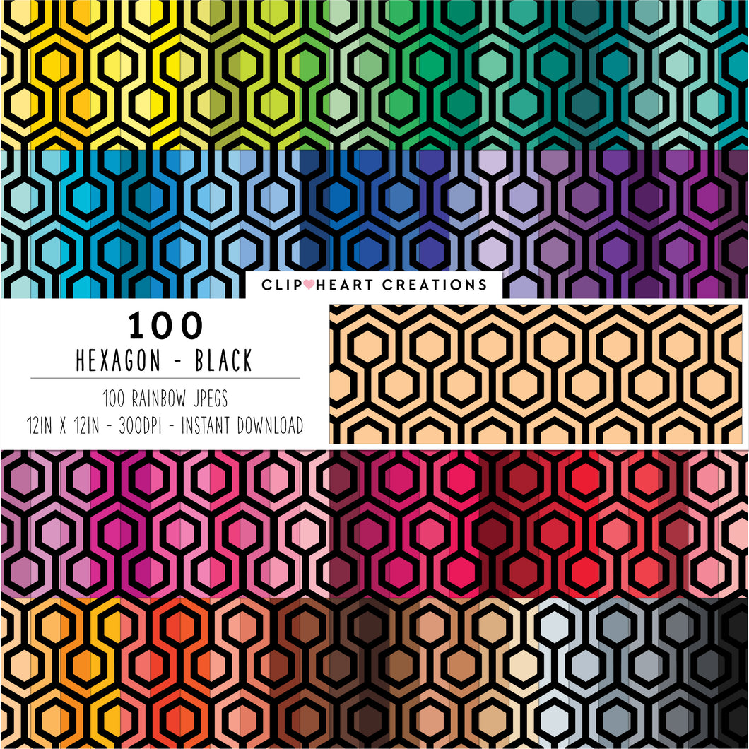 100 Hexagon Pattern Digital Papers (Black)