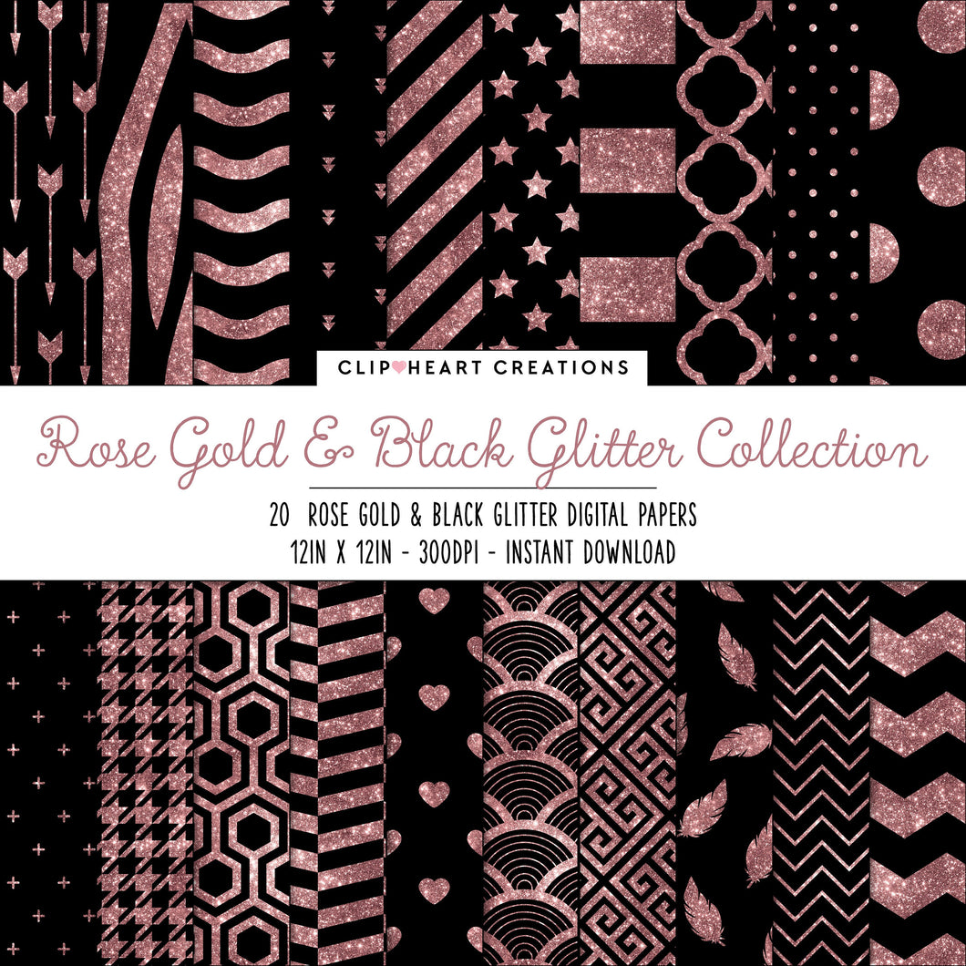 Rose Gold & Black Glitter Digital Papers