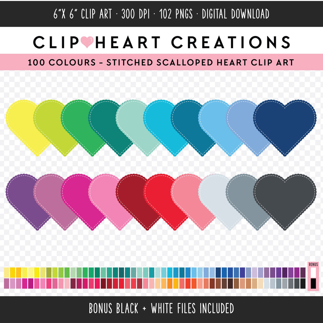 100 Stitched Hearts Digital Clip Art