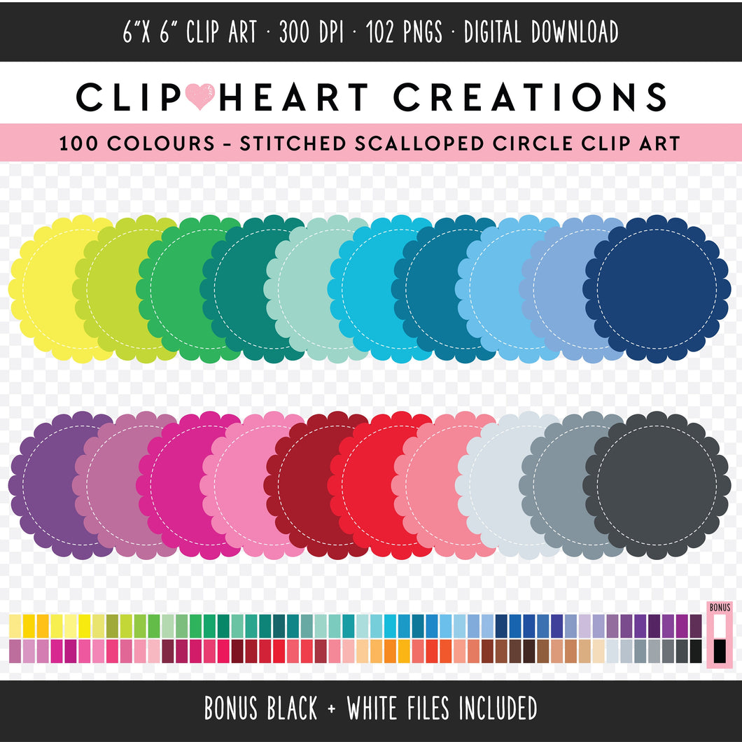 100 Stitched Scalloped Circle Digital Clip Art