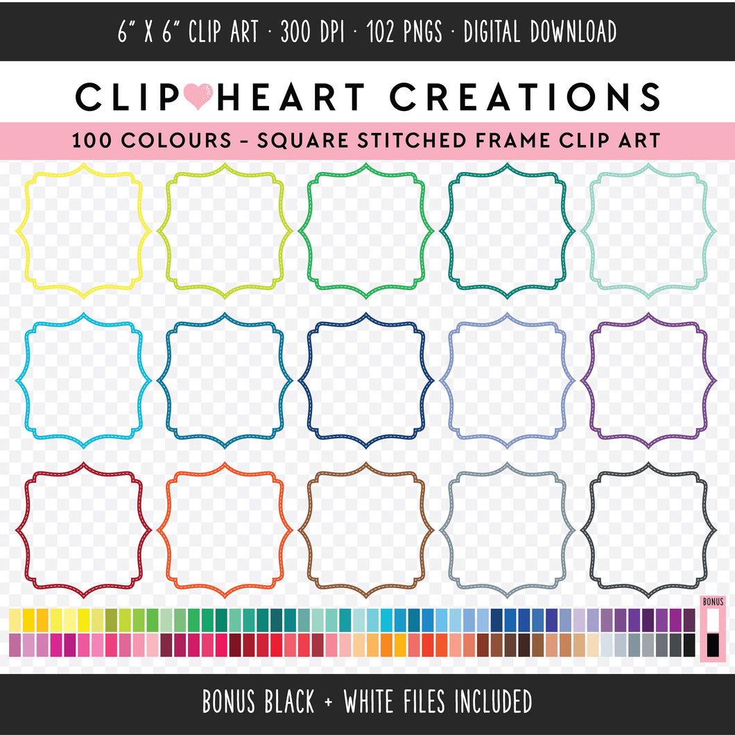 100 Stitched Frames Digital Clip Art