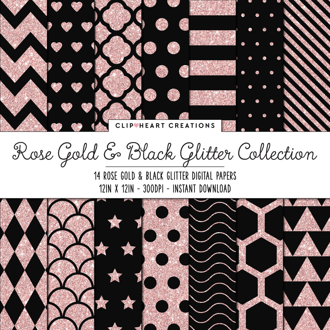 Rose Gold & Black Glitter Digital Papers