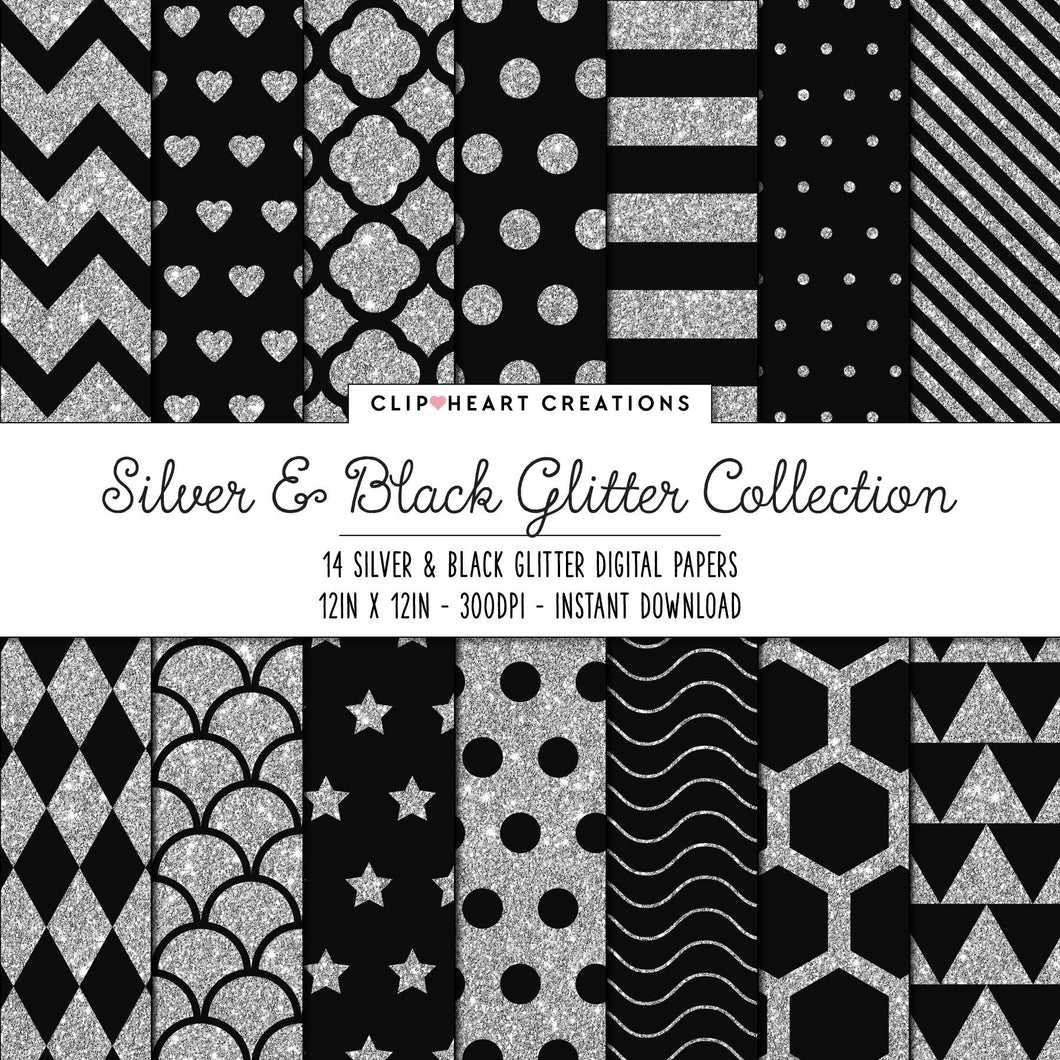 Silver & Black Glitter Pattern Digital Papers